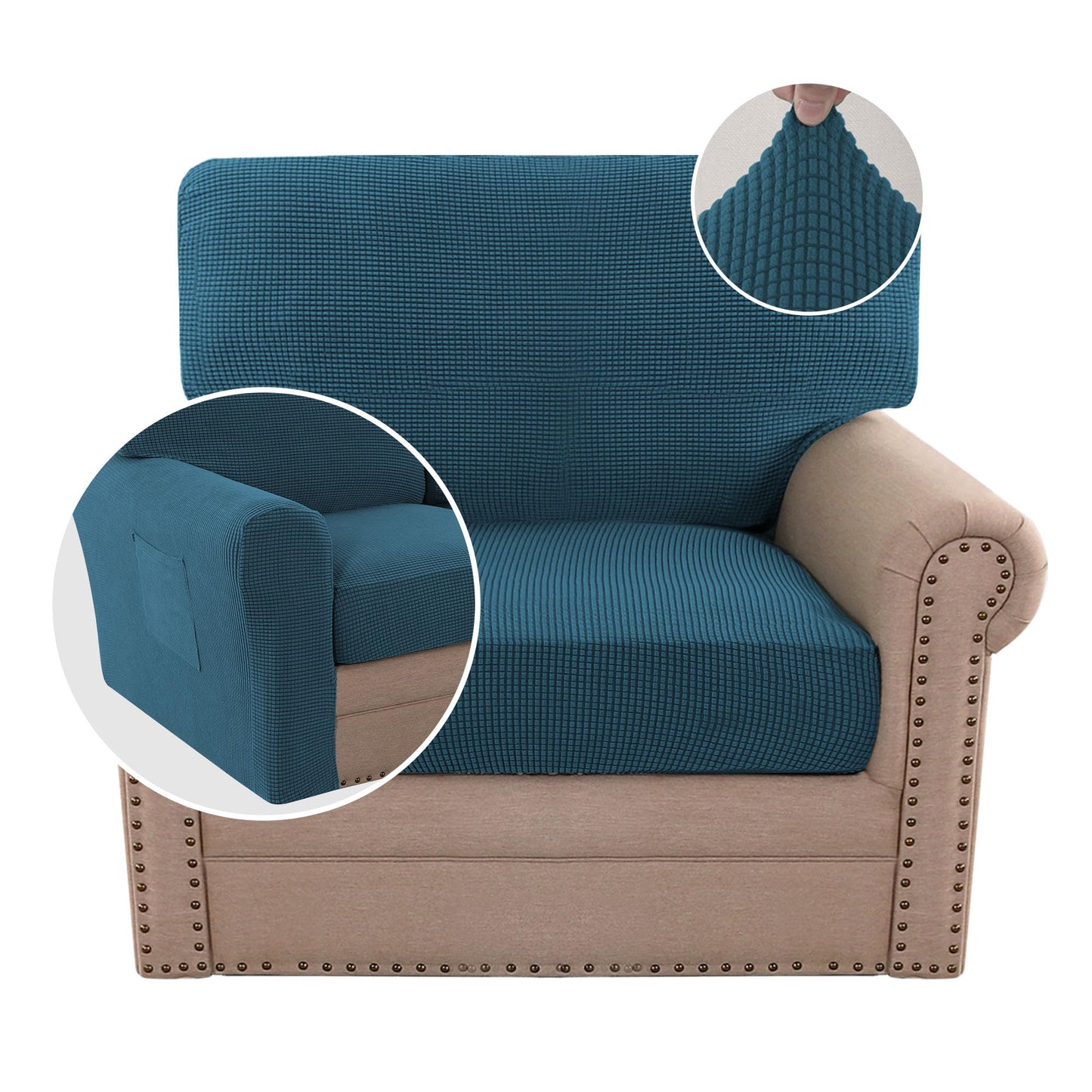H.VERSAILTEX Multi-Pieces Chair Covers Stretch Couch Covers Form Fitted Seat and Back Cushions Covers (1 Seat Cover Plus 1 Back Cusion Cover, Bonus 2 Armrest Covers), Deep Teal