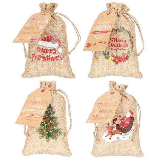 Tapleap Small Burlap Coth Gift Bags with Drawstring, 40Pcs 4x6 Mini Christmas Treat Bags with Tags, String, for Wrapping Xmas Party Favors or Presents for Friends, Kids, Coworkers and Customers