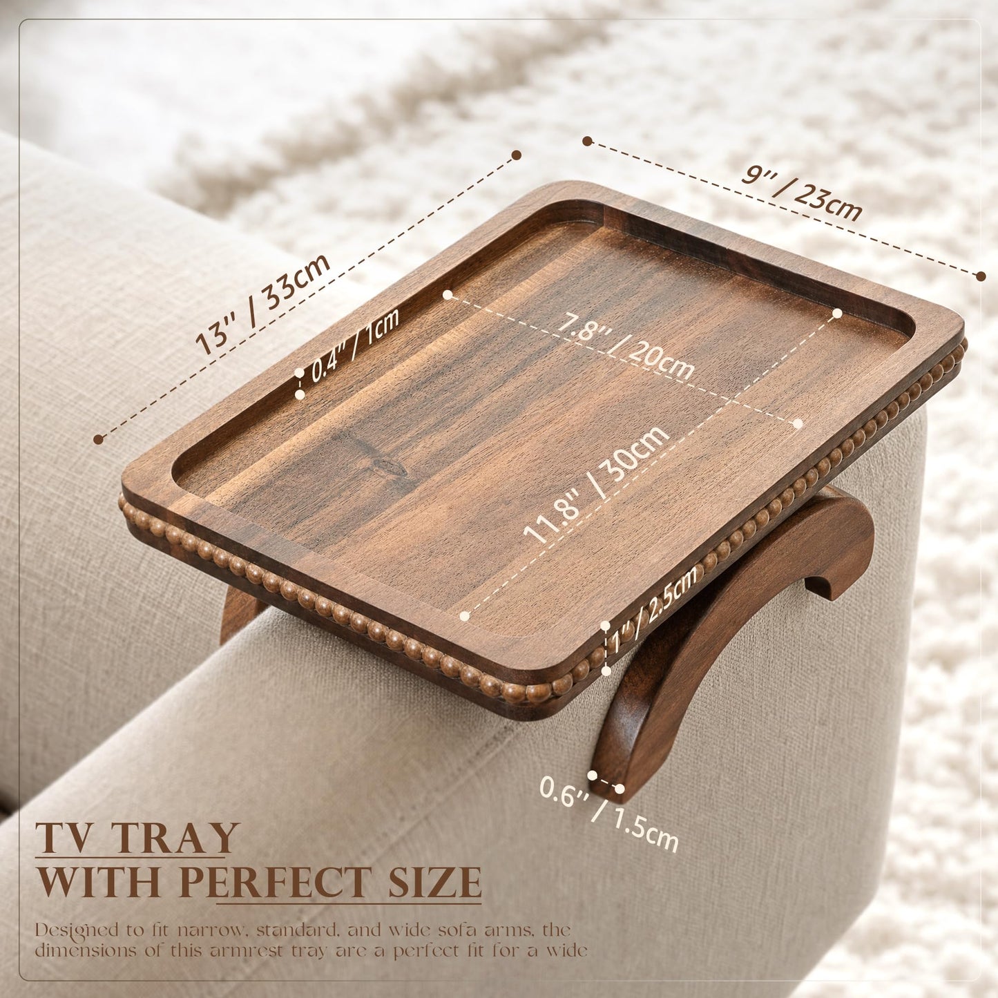 Acacia Wood Couch Tray with Beaded Edge for Home Decor - Foldable Sofa Armrest Tray as End Table - Couch Armrest Table with Anti-Slip Legs for Drink, Snacks (Acacia, 13"x9"x1")