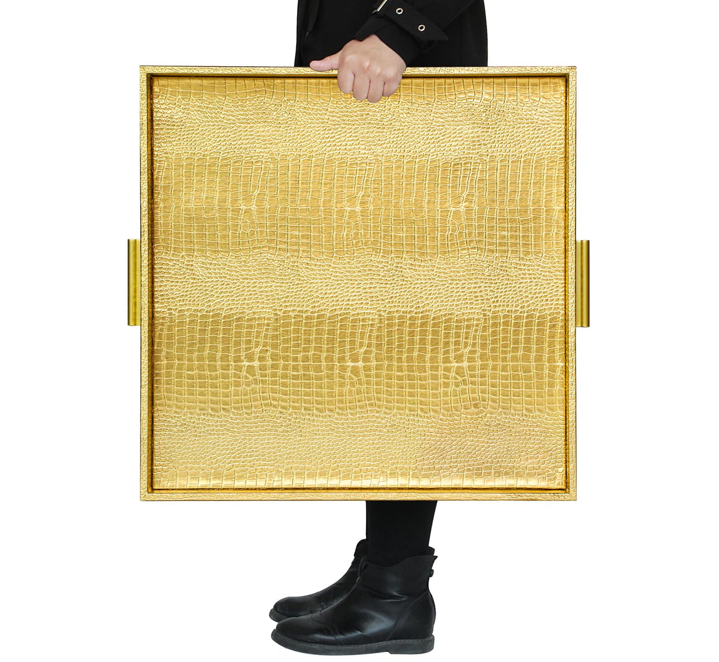 HofferRuffer Extra Large Square Serving Tray, Elegant Faux Leather Ottoman Tray with Gold Hardware Handles, Serve Tea, Coffee or Breakfast in Bed, 24 x 24 inches (Gold, 24" x 24" x 2")