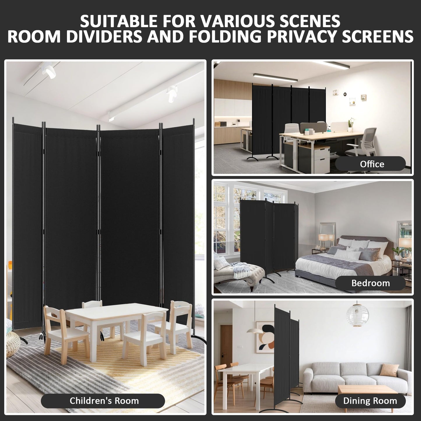 Kecreque Room Divider 4 Panel Partition Room Dividers and Folding Privacy Screens with 5 Curved Metal Feet Portable Divider Wall 88" W Temporary Wall for Office Divider Bedroom Dressing Room,Black