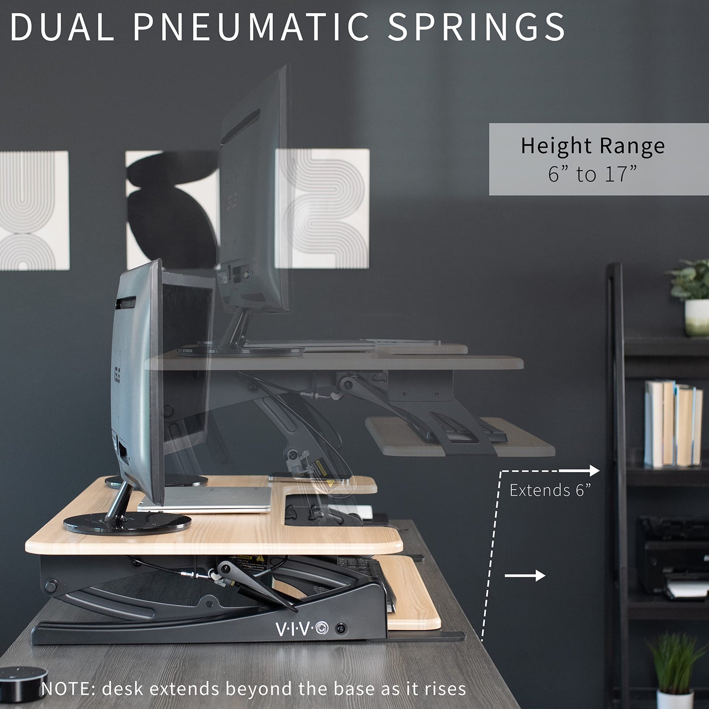 VIVO 42 inch Height Adjustable Stand Up Desk Converter, V Series, Quick Sit to Stand Tabletop Dual Monitor Riser Workstation, Light Wood Top, Black Frame, DESK-V000VLO