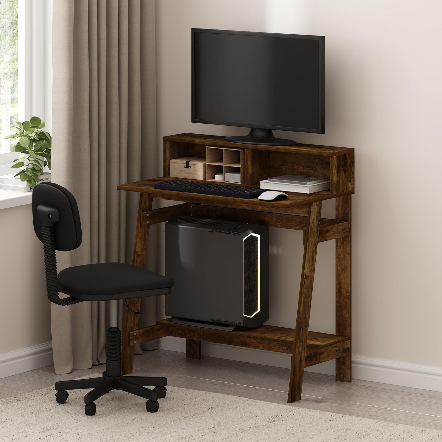 Furinno Simplistic Desk, 32" Wide Gaming Desk with Monitor Stand, A Frame Computer Desk with Shelf, Office Desk for Home Office, Bedroom, Study Room, Dorm, Amber Pine