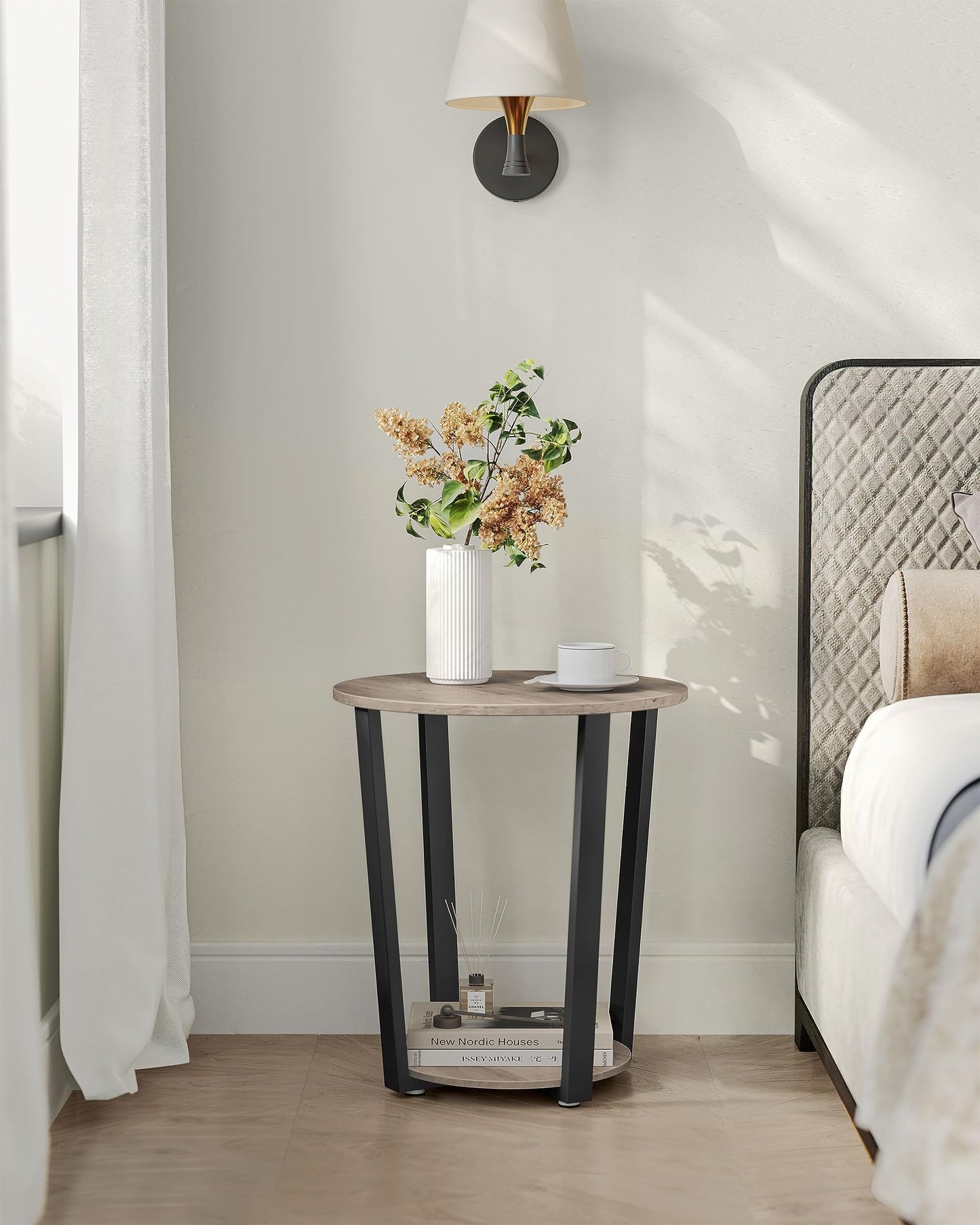 VASAGLE Round Side End Table, 2-Tier Accent Bedside Table with Storage Shelf, Easy Assembly, Nightstand for Small Spaces, Living Room, Bedroom, Heather Greige and Ink Black ULET057B02