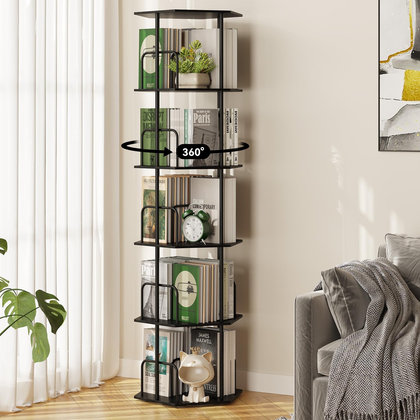 SUNMORY 5 Tier Rotating Bookshelf Tower, Revolving 360 ° Spinning Bookcase, Hexagonal Corner Book Shelf Storage Carousel, Vertical Rotate Turning Organizer Book Shelves for Living Room Office Bedroom