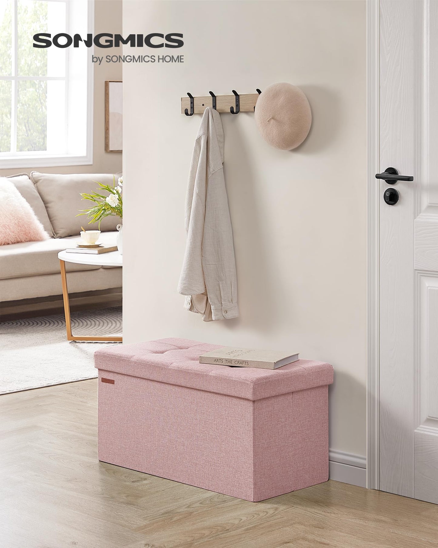 SONGMICS Mazie Collection - 30 Inches Folding Storage Ottoman Bench, Ottoman Foot Rest, End of Bed Bench, Storage Chest, Load 660 lb, for Living Room, Bedroom, Entryway, Jelly Pink ULSF047R11