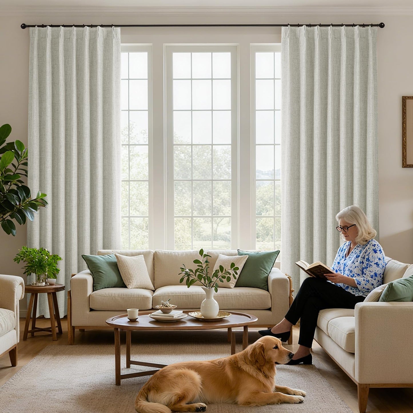 Joydeco Pinch Pleated Curtains - 100% Blackout for Bedroom, Light Beige Linen Curtains 40" W x 90" L, Thermal Insulated 2 Panels Light Blocking Drapes, Back Tabs for Living Room