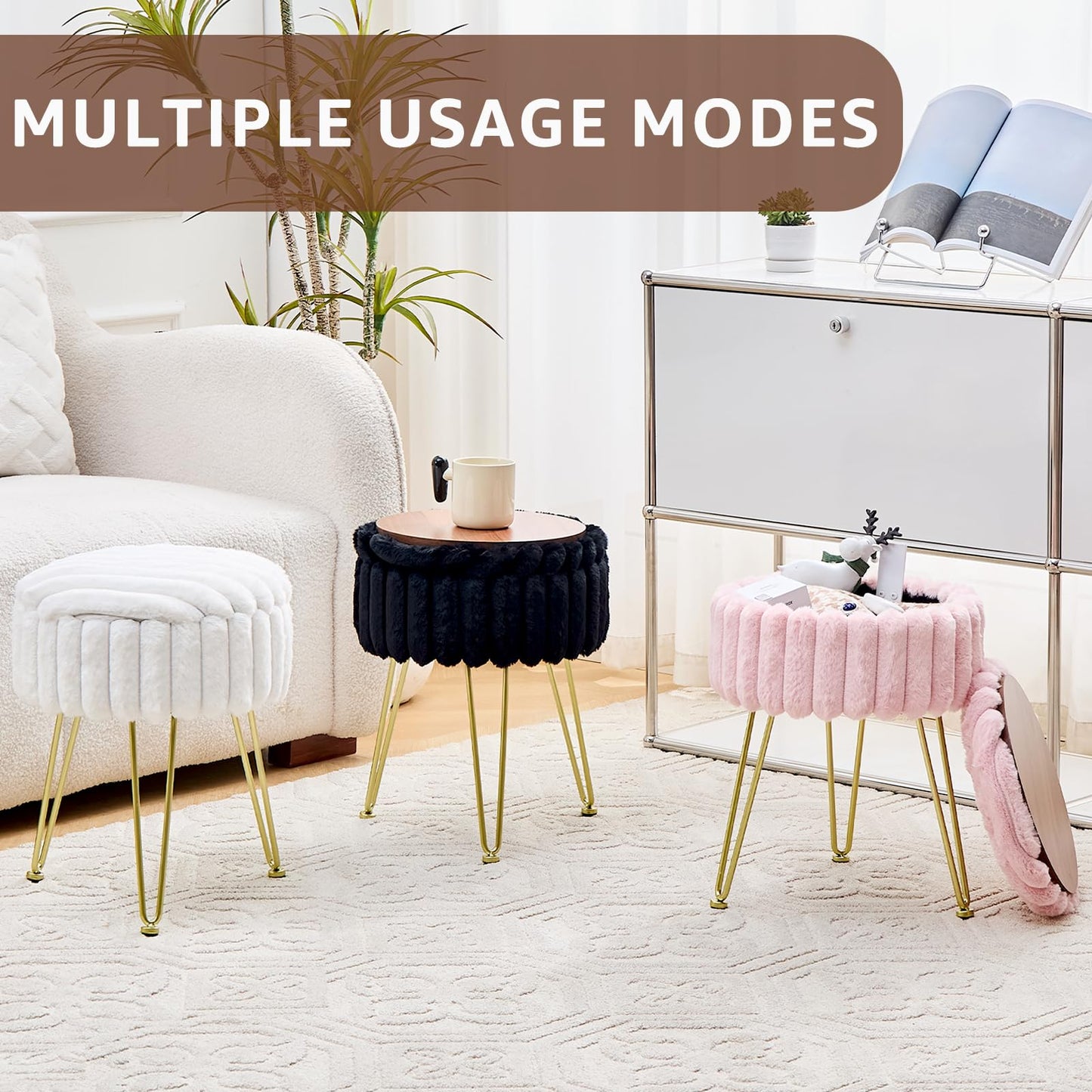 Wimarsbon Vanity Stool with Storage, Faux Fur Ottoman Chair with Metal Legs, Round Makeup Vanity Chair for Bedroom or Dressing Table, Modern Small Ottoman Seat (Pink)