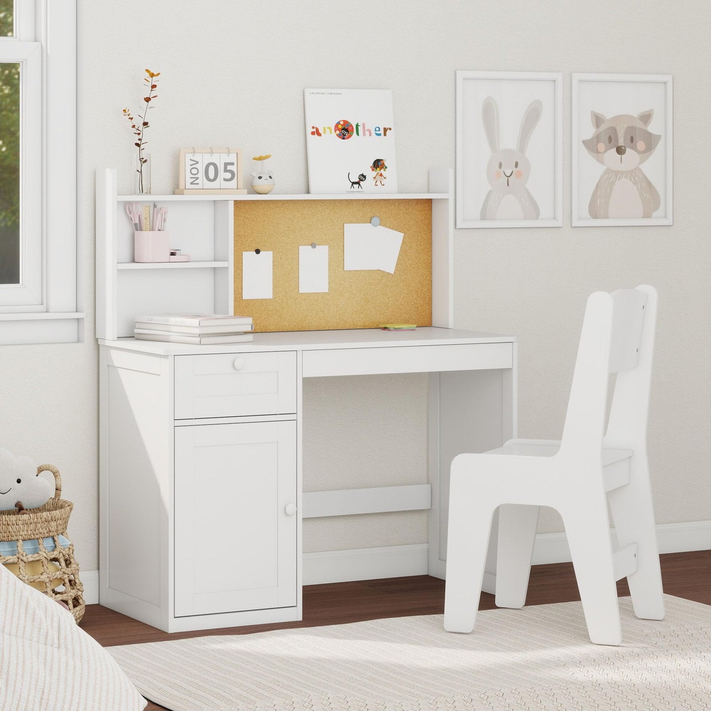 Kids Study Desk with Chair, Kids Desk Chair Set for 5-12 Years Old, Children Wooden Study Table with Hutch & Storage Cabinet, Student Writing Table Computer Workstation for Girls and Boys, White