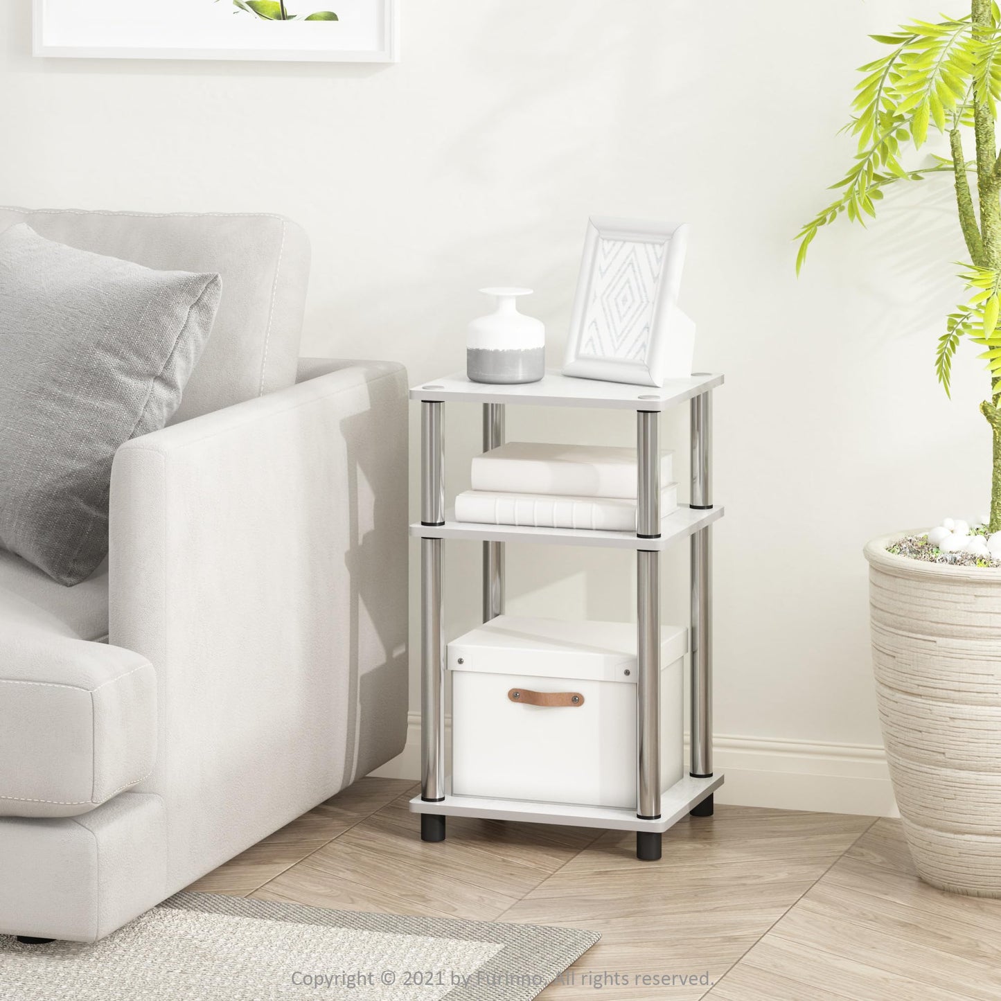 Furinno JUST Side Table Set of 2, 3-Tier Modern End Tables, Toolless Assembly Night Stand, Nightstand, Toolless Assembly, for Living Room, Bedroom, White Oak/Stainless Steel