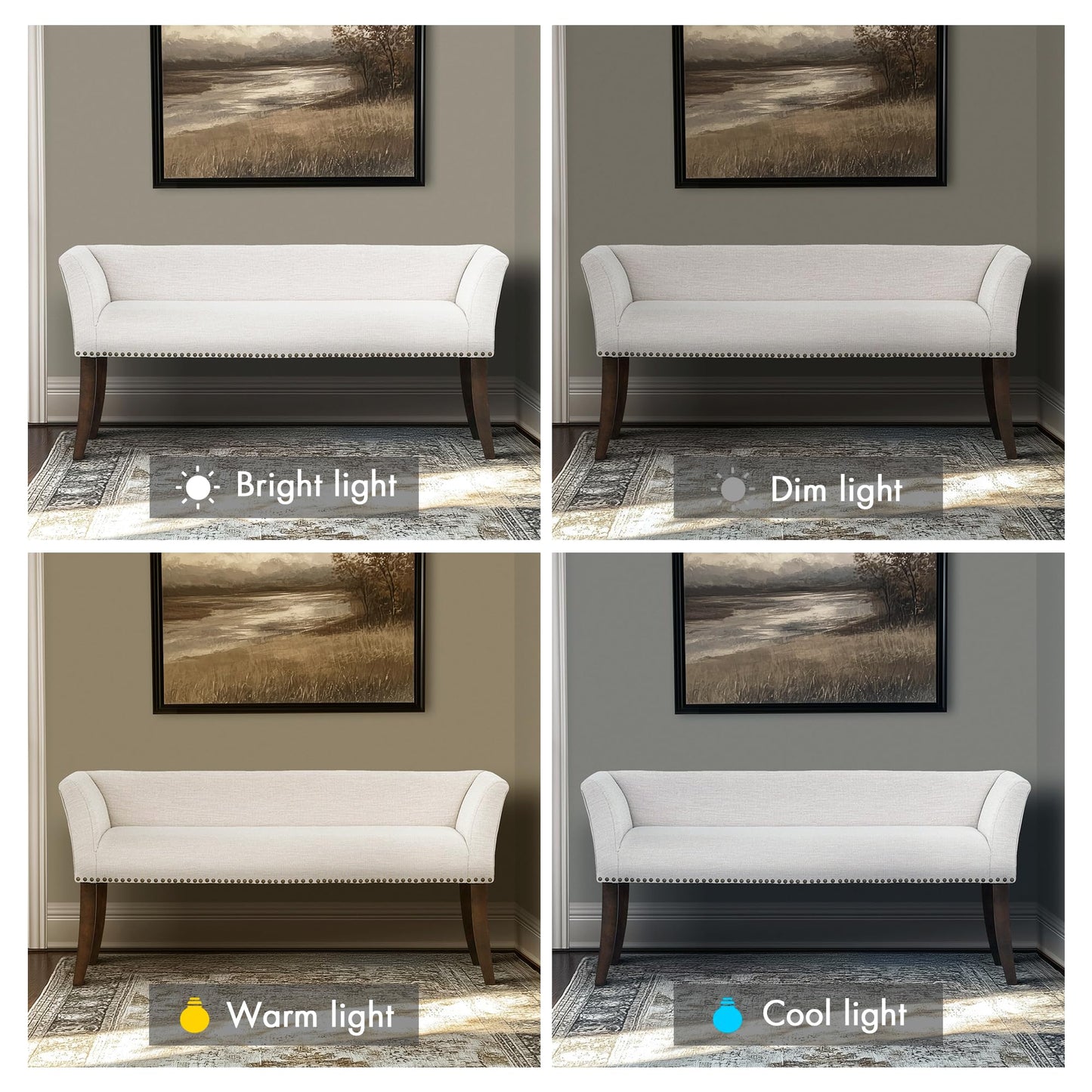 Madison Park Accent Bench for Living Room, Upholstered with Nailhead Trim, & Padded Seat Entryway Bench Small, End of Bed Bench with Back, 49.5" W x 19.25" D x 23" H, White Cream