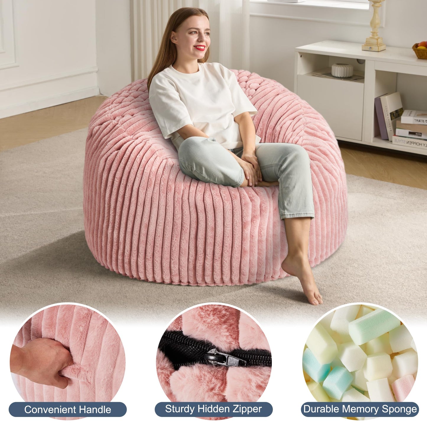 3ft Bean Bag Chairs for Adults Large Beanbag Chair with Stripe Plush Cover Big Bean Bag Chair for Living Room Bedroom Dorm Office
