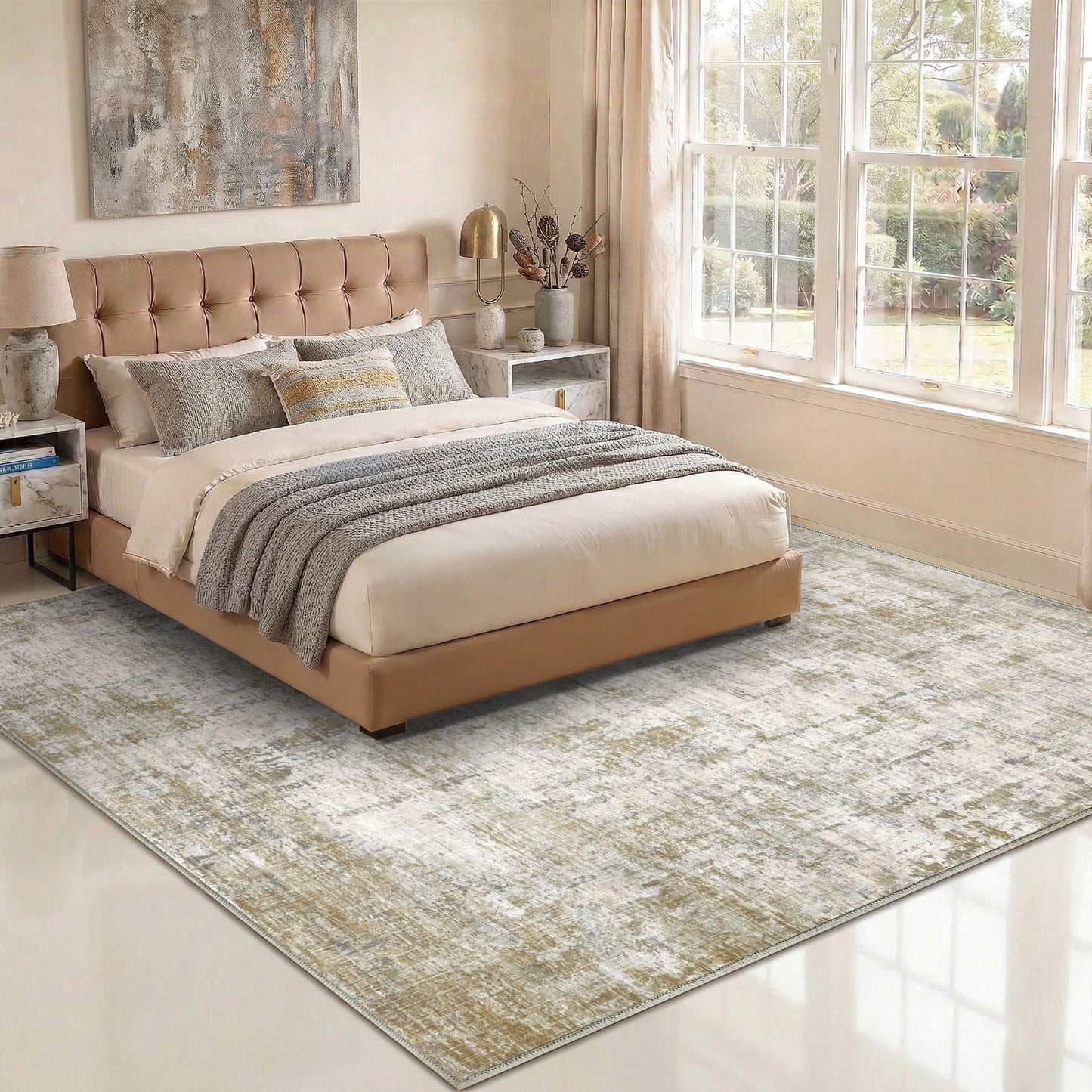 Syrlfar 8x10 Area Rugs Washable Living Room Rug-No Slip Soft Carpets Modern Abstract Indoor Floor Stain Resistant Large Carpet for Bedroom Dining Room Farmhouse Nursery Home Office Tan