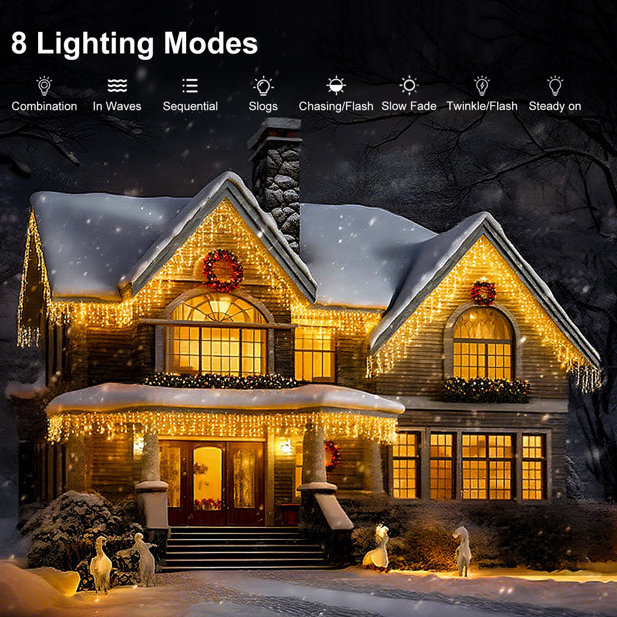Icicle LED Christmas Lights Outdoor , 520 LED 49.2FT 8 Modes with 80 Drops Warm White Icicle Lights,Remote Control Outdoor Indoor Fairy String Lights for Christmas Party,Holiday,Wedding Decorations
