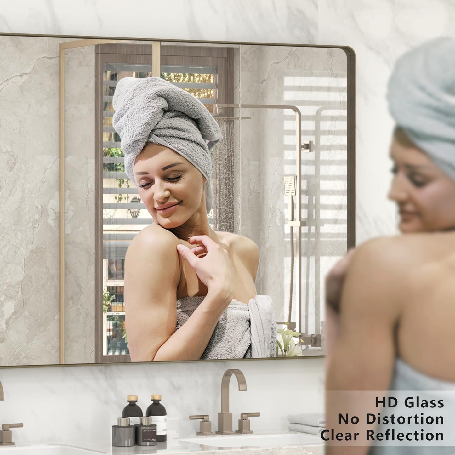 CHARMOR 36x36 Square Bathroom Framed Mirror for Wall, Brushed Bronze Metal Bathroom Vanity Mirror, Rounded Rectangle Mirror, Anti-Rust, Tempered Shatterproof (Horizontal/Vertical)