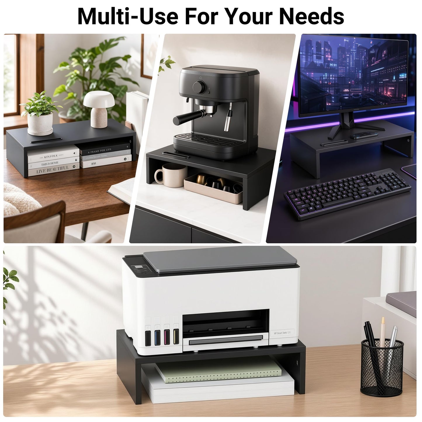 1home Monitor Stand Riser, 16.7 Inch Wood Monitor Riser Stand with Storage Organizer, Desktop Ergonomic Monitor Stand Riser with Cellphone Holder and Cable Management, Black