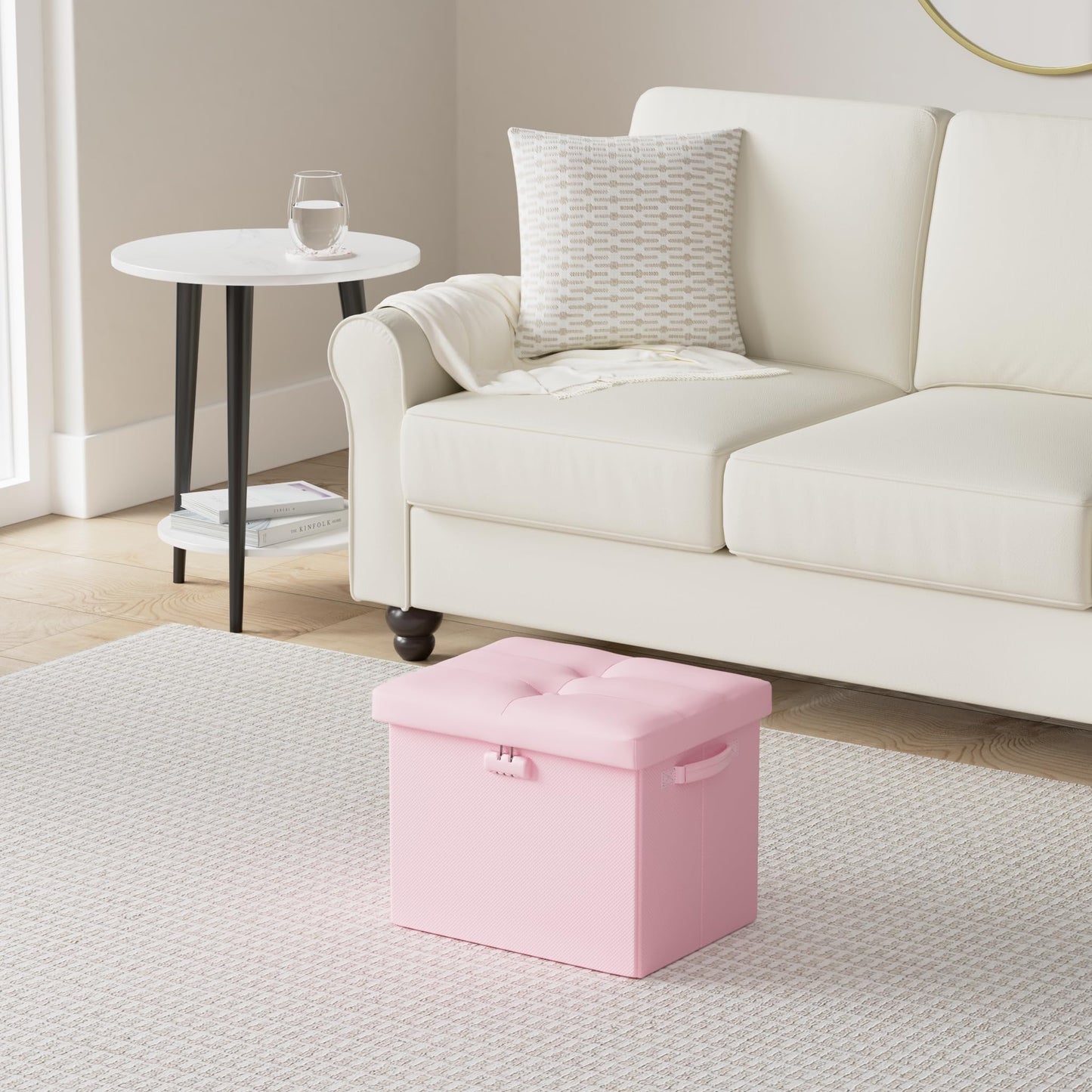 DocSafe Storage Ottoman Foot Rest Stool with Lock ＆ Handles, Fireproof Folding Leather Footstool Bench with Storage Safe for Living Room Bedroom, Home Office, Dorm, 17x13x13in, Pink
