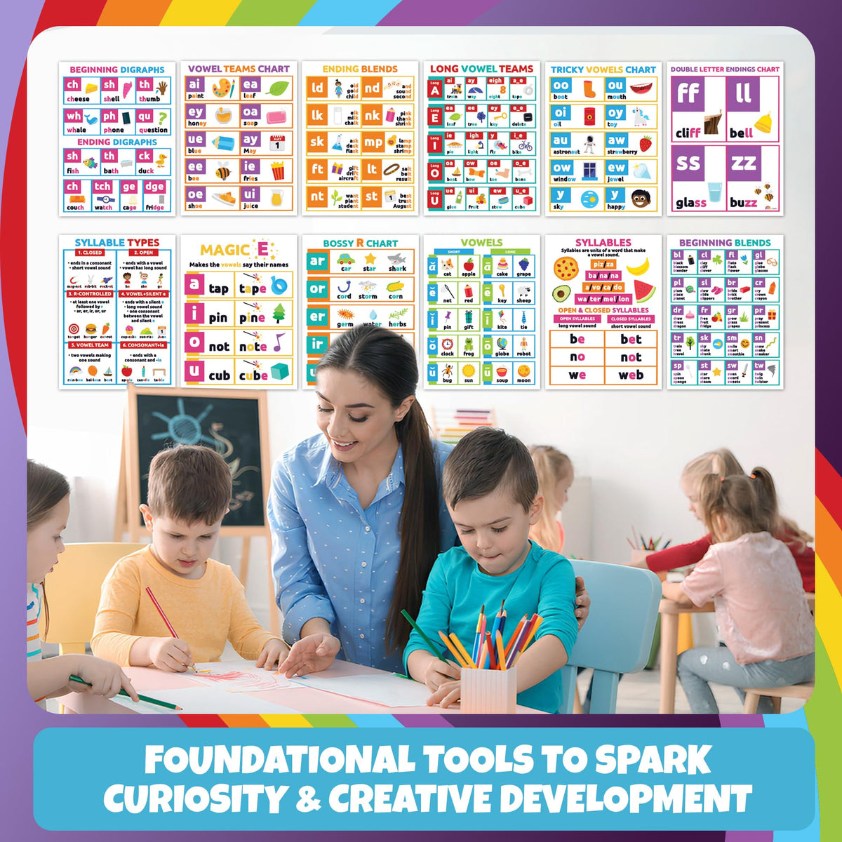 Sproutbrite 12 Pack (12"x16") Educational Poster Bundle for Toddlers Phonics Vowels Poster Language Arts Charts for Preschool, Homeschool Motivation - Inspired Learning Charts that Helps Toddlers Understand Vowel Sounds and Syllable Patterns Easily
