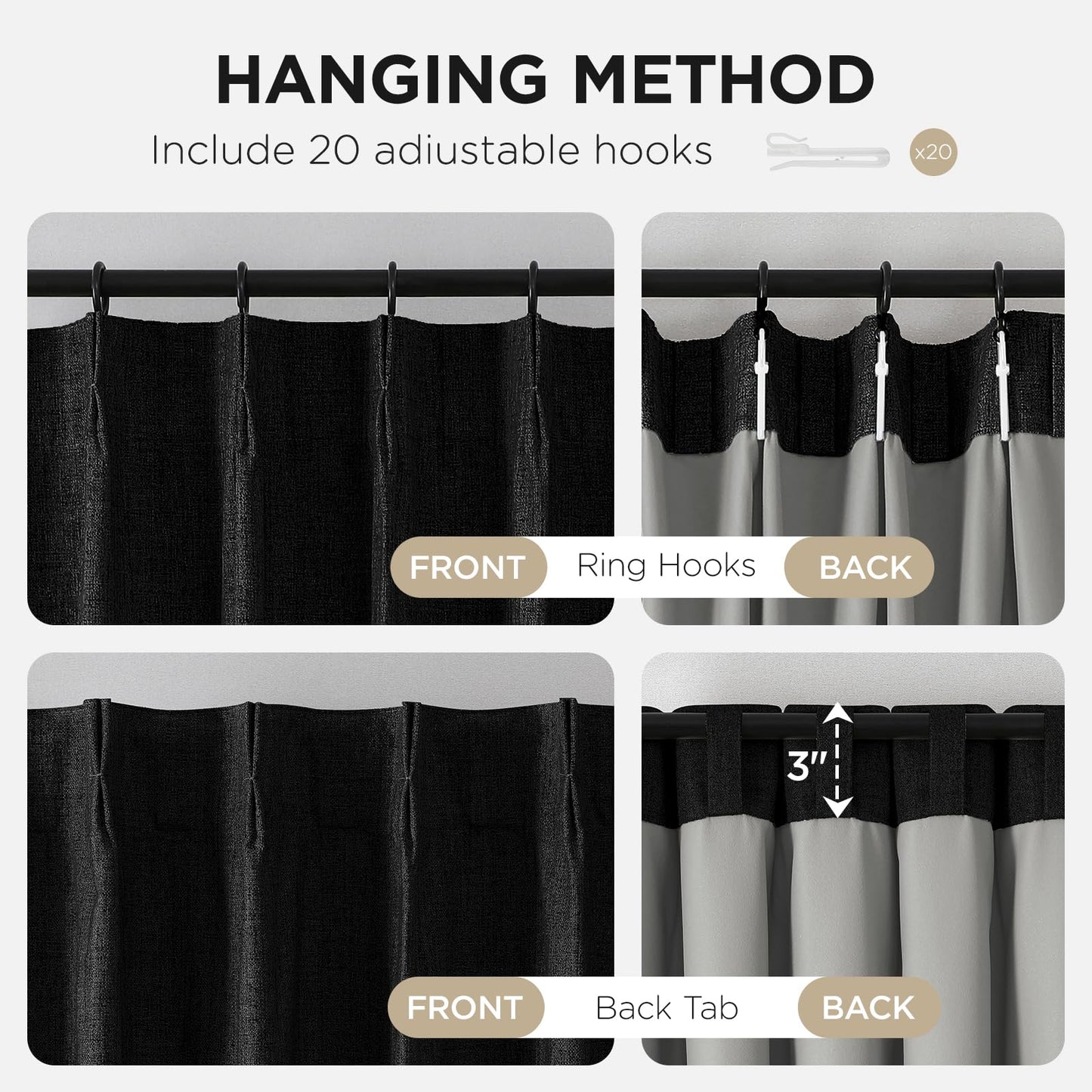 Joydeco Pinch Pleated Curtains - 100% Blackout for Bedroom, Black Linen Curtains 40" W x 90" L, Thermal Insulated 2 Panels Light Blocking Drapes, Back Tabs for Living Room
