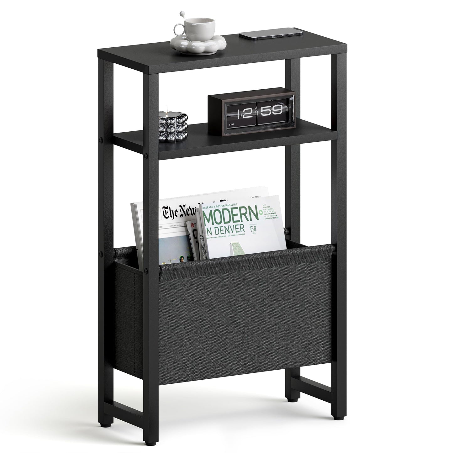 IRCPEN Narrow Side Table, Slim End Table with Magazine Rack, Skinny Bedside Table for Small Spaces, 3 Tier Sofa Couch Table Nightstand for Living Room, Bedroom, Black LET503B