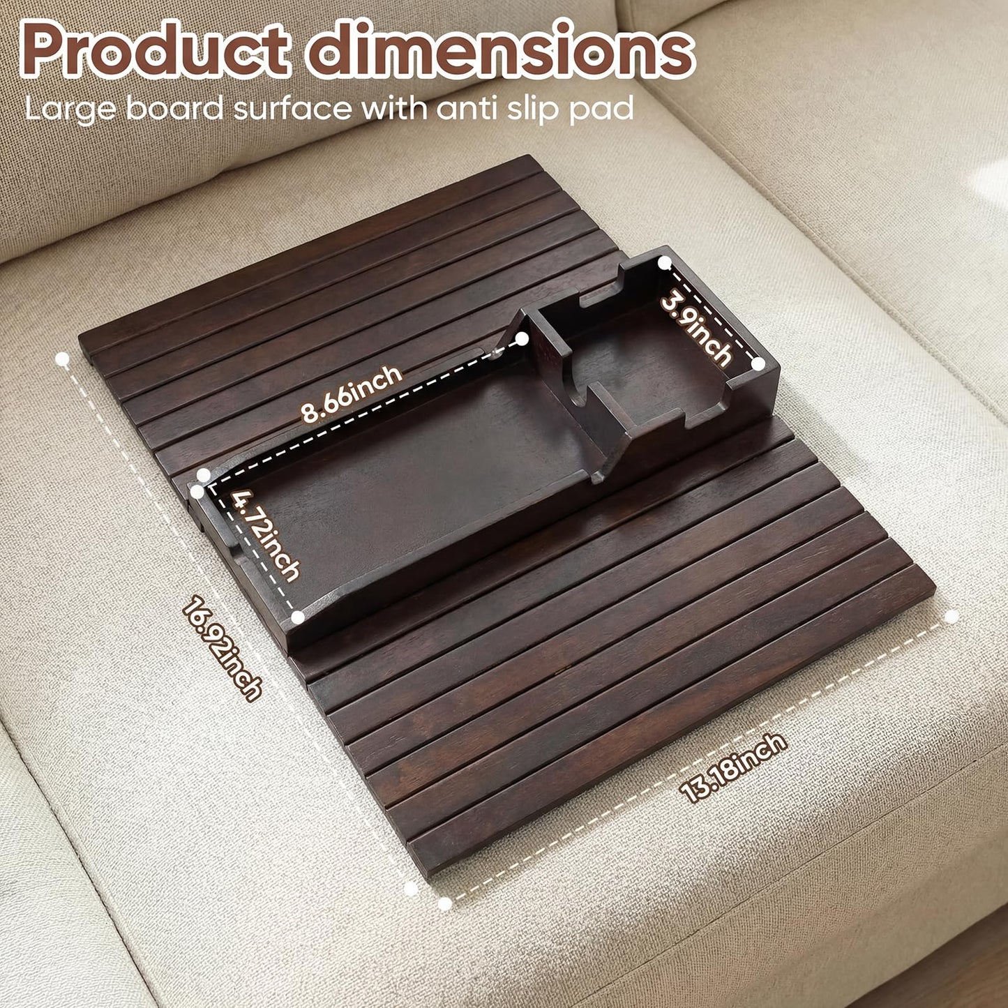 Dumbpec Bamboo Couch Arm Tray Table with Built-in Cup Holder, Foldable Anti-Slip Sofa Armrest Table for Drinks, Phone & Remote, Fits 4.7–16.9 in Armrests, Holds Cups up to 3.5 in Diameter (Brown)