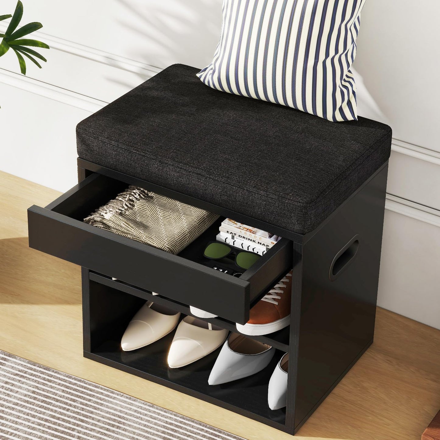 YMYNY Small Shoe Storage Bench with Cushion and Drawer, 2 Tier Adjustable Entryway Bench with Storage, Wooden Shoe Rack Bench for Entryway, Living Room, Hallway, Closet, Bedroom, Black, HSC002B