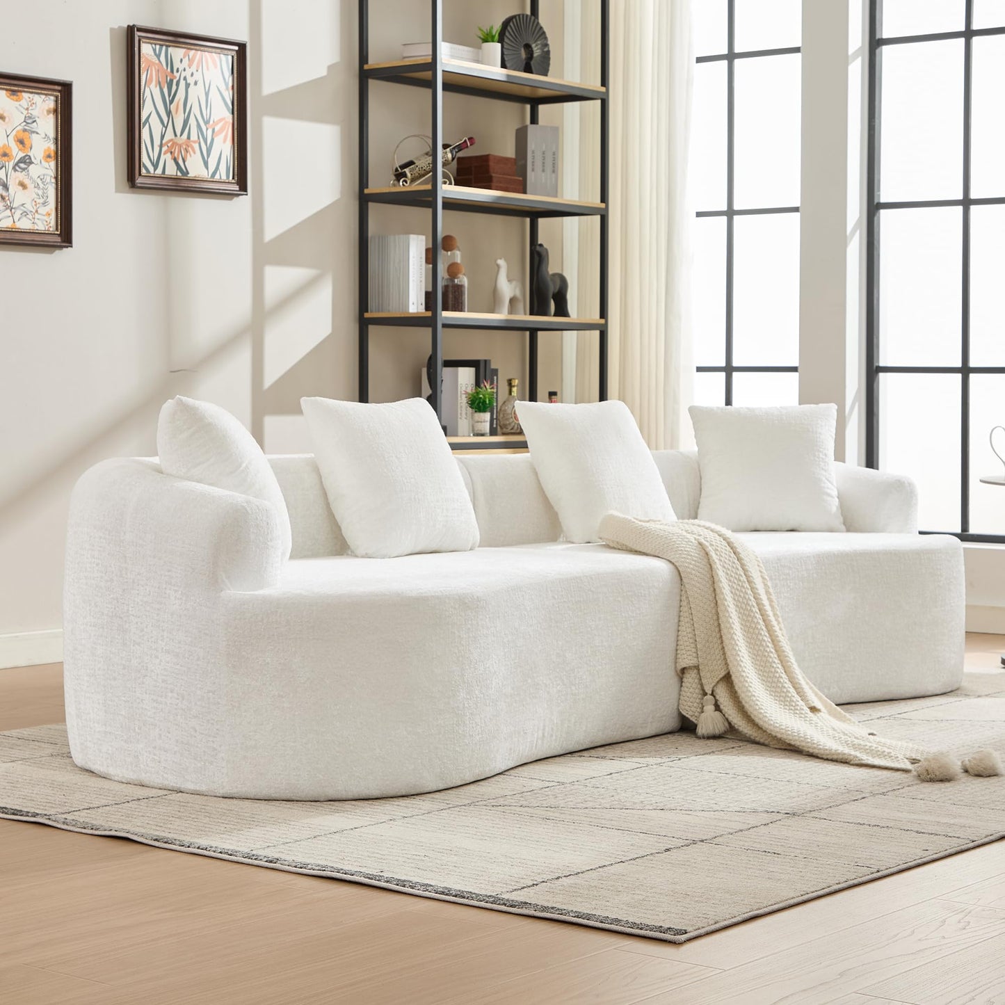 Sectional Sofa, Curved Cloud Sofa Couch, Chenille Full Sponge Chaise for Living Room, Apartment (Beige, 110 Inch)