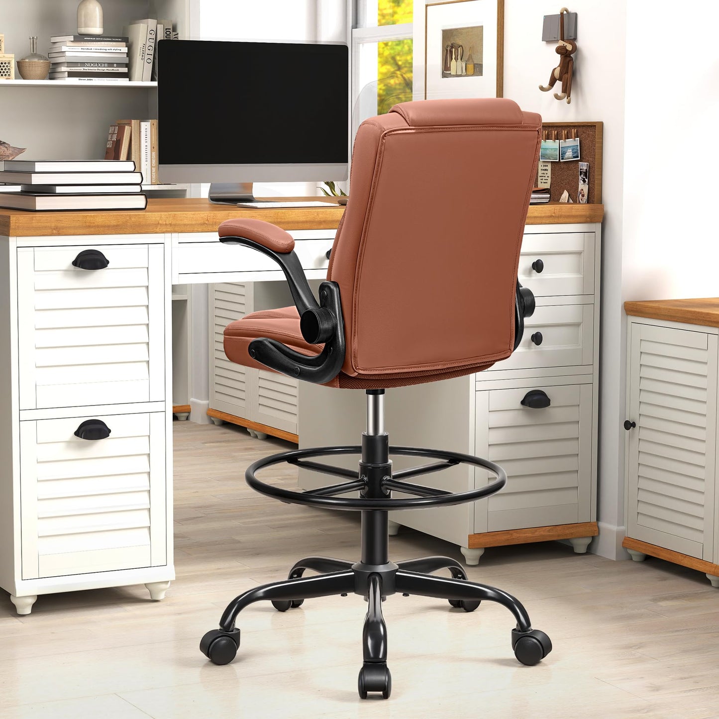 Drafting Chair, Tall Office Chair for Standing Desk, High Executive Leather Ergonomic Computer Chair with Adjustable Height and Flip-Up Armrest for Counter Height Desk, Brown, Pack of 1