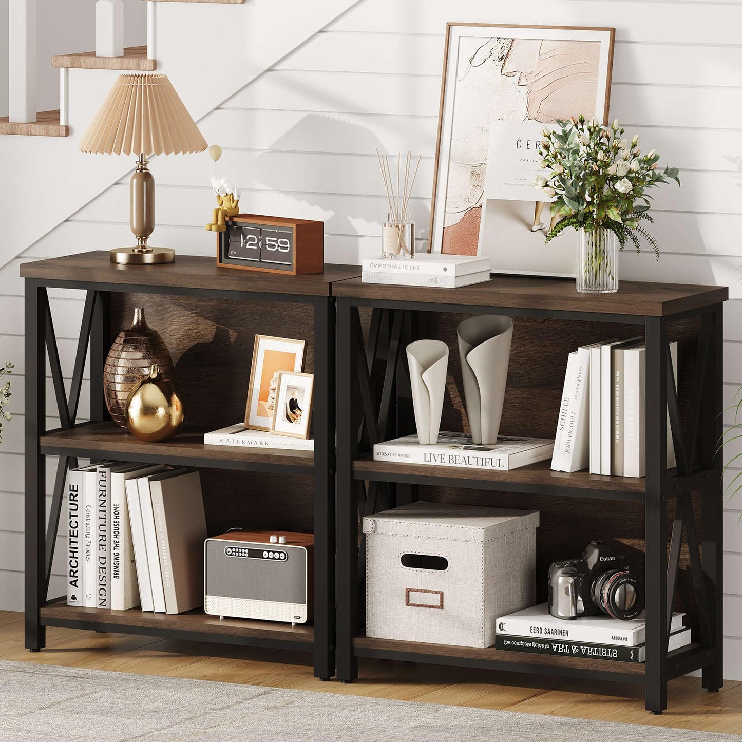 FATORRI Small Bookshelf, Rustic Book Shelf for Small Space, Low Short Bookcase, Industrial Wood and Metal Bookshelf and Bookcase for Living Room (Rustic Brown)