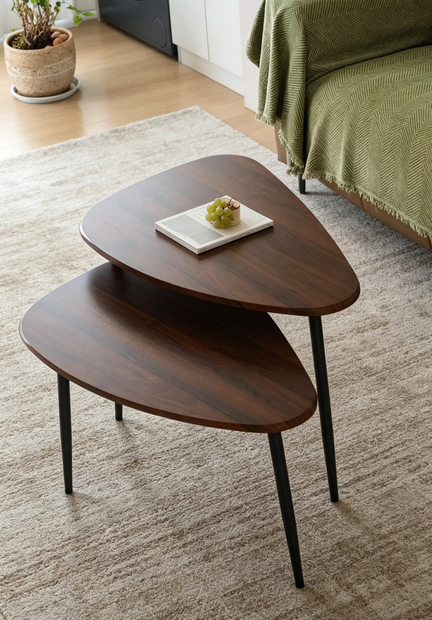 Nesting Coffee Table Set of 2 Coffee Tables Nesting Tables for Living Room Wooden Small Table Triangle Walnut Mid-Century Modern