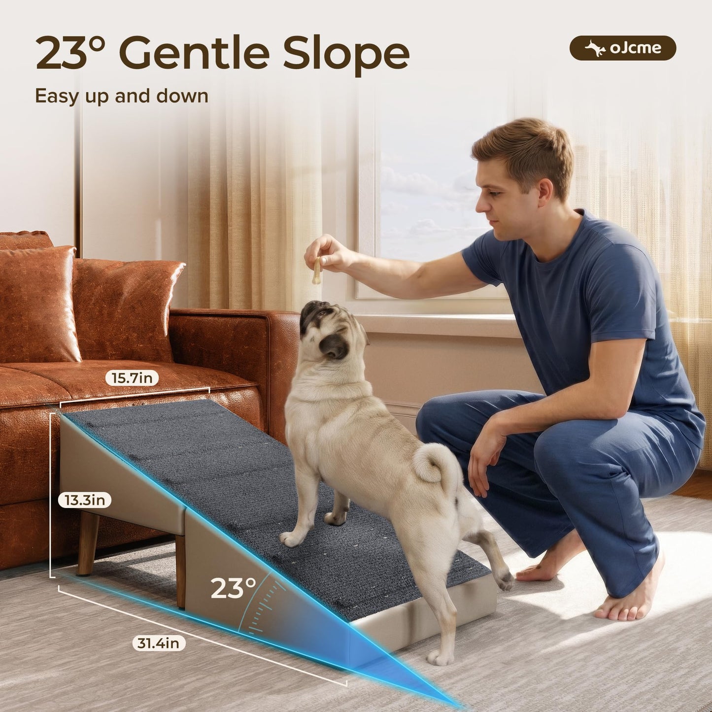 OJCME 2 in 1 Ottoman Dog Ramp with 6 Fabric-Covered Anti-Slip Grip Rails, Paw-Friendly Full Fabric Surface, 15.7 in Wide Stable Folding Pet Ramp Stool for Couch Bed, 4 Leveling Feet, 150 lb Capacity