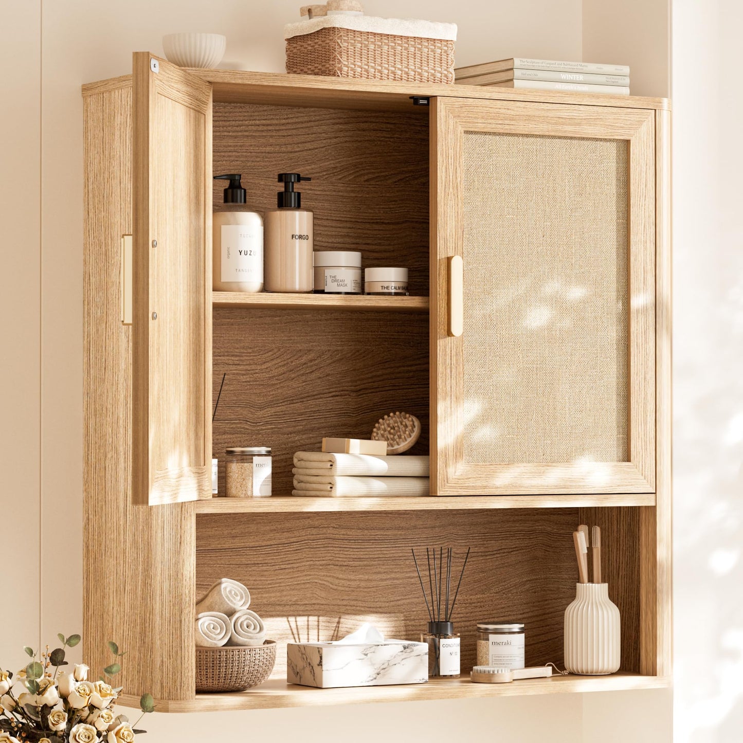 INNOD Rattan Bathroom Wall Cabinet with Open Compartments, Wall-Mounted Medicine Cabinet with Adjustable Wood Shelf & Doors, Over the Toilet Storage Cabinet for Laundry Room & Kitchen & Living Room