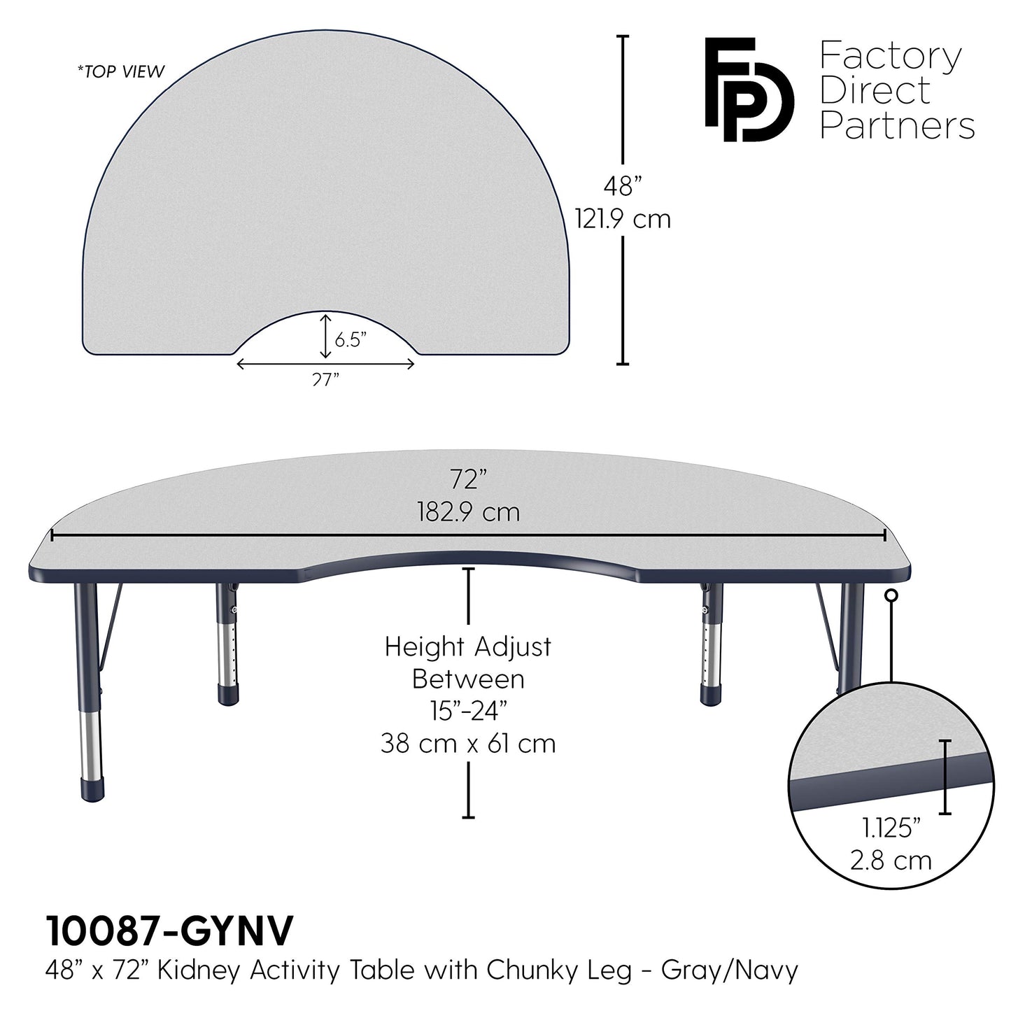 FDP Kidney Activity School and Classroom Kids Table (48 x 72 inch), Chunky Toddler Legs for Collaborative Seating Environments, Adjustable Height 15-24 inches - Gray Top and Navy Edge