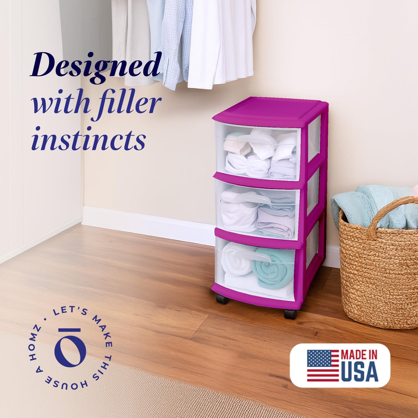 HOMZ Drawer Tower, 3-Tier Clear Plastic Storage Organizer Cart, Purple Frame - Rolling Drawer Containers with Wheels for Bathroom, Bedroom, Office, and Classroom Organization
