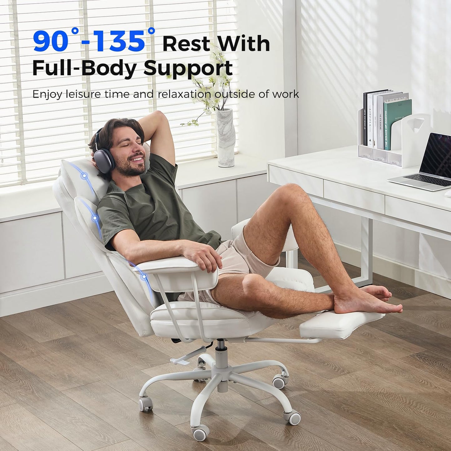 LukkDys Big and Tall Office Chair,High Back Leather Gaming Chair with Footrest,Lumbar Support,Outward Fixed Soft Armrests,Wide Ergonomic Desk Chair (White)