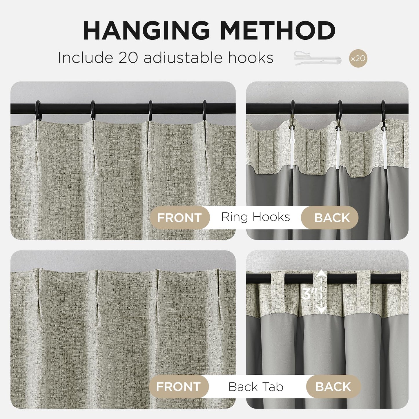 Joydeco Pinch Pleated Curtains - 100% Blackout for Bedroom, Light Beige Linen Curtains 40" W x 90" L, Thermal Insulated 2 Panels Light Blocking Drapes, Back Tabs for Living Room