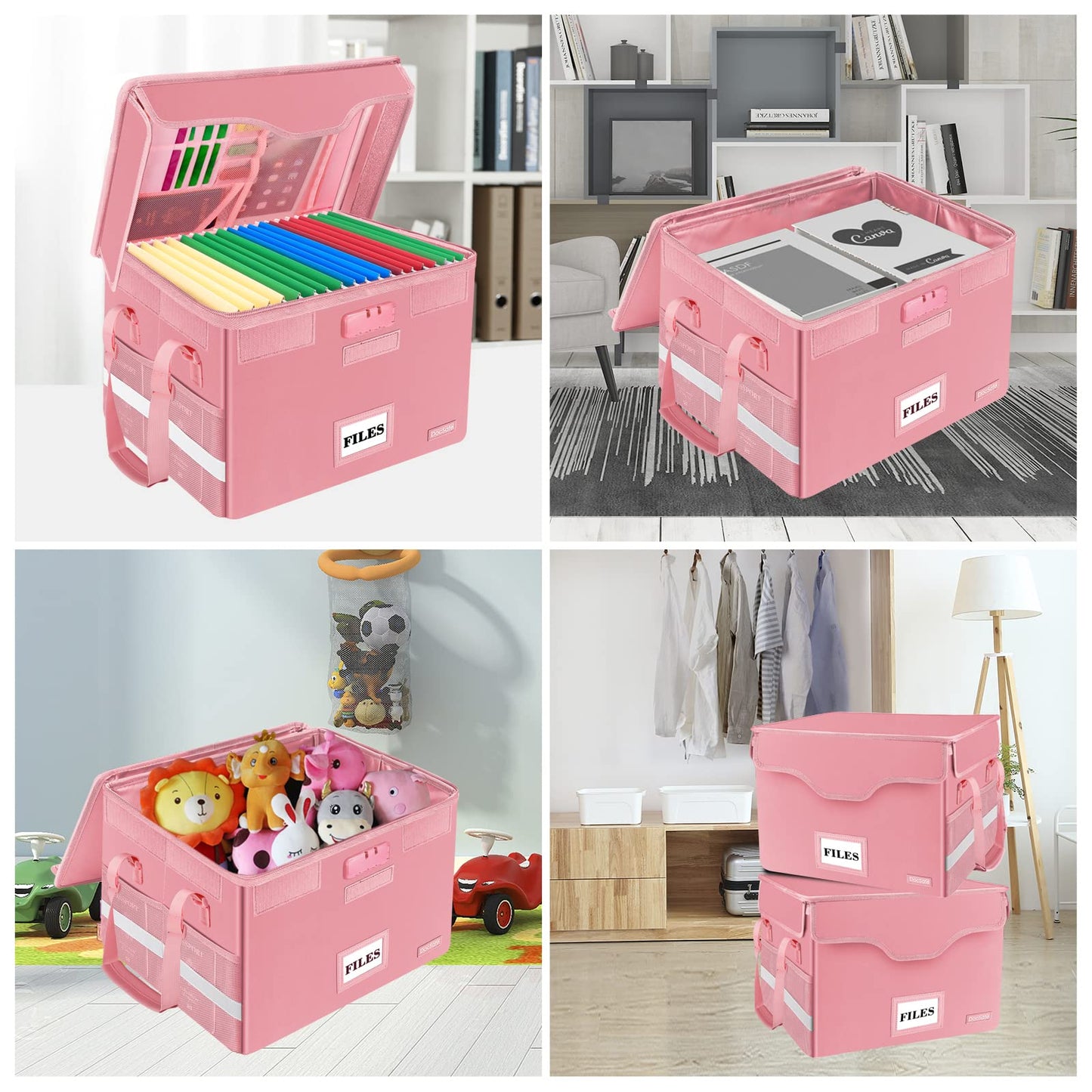 DocSafe Fireproof Document Box with Lock,File Storage Organizer with Zipper Pockets,Collapsible Portable File Box Home Office Safe Filing Cabinet with Handle for Hanging Letter/Legal Folder,Pink