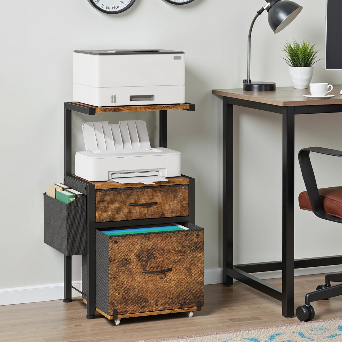 HIGDBFE File Cabinet with 2-Tier Shelf, Letter Size Drawer Filing Cabinet with Reversible Side Bag, Vertical Office Cabinet Printer Stand with Storage for Home Office, Rustic Brown, 16.5" W