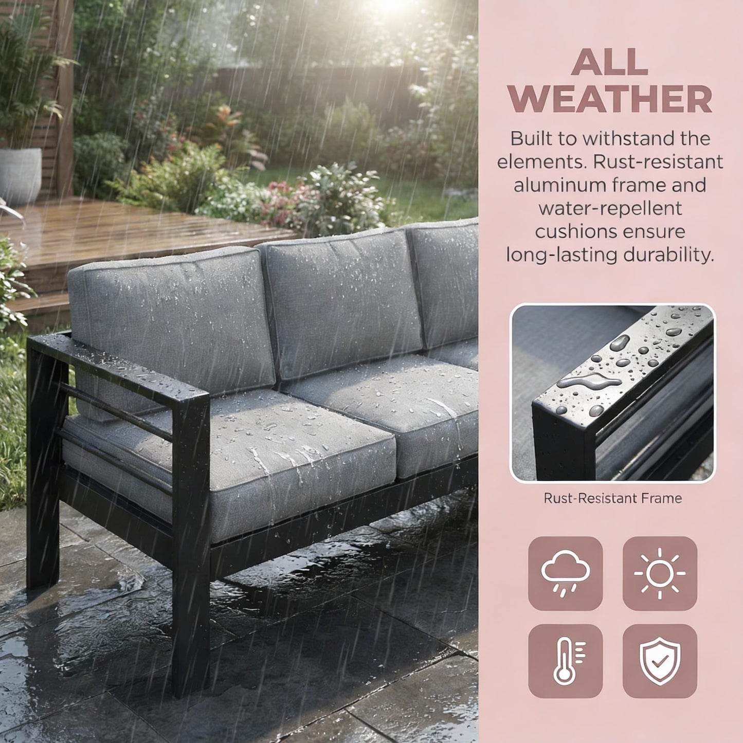 Kiss the Water 3 Seats Aluminum Outdoor Patio Sofa Set, All Weather Rust-Proof Metal Patio Couch, Modern Outdoor Furniture for Backyard Porch Garden, 5" Thick Waterproof Olefin Cushions, Light Grey
