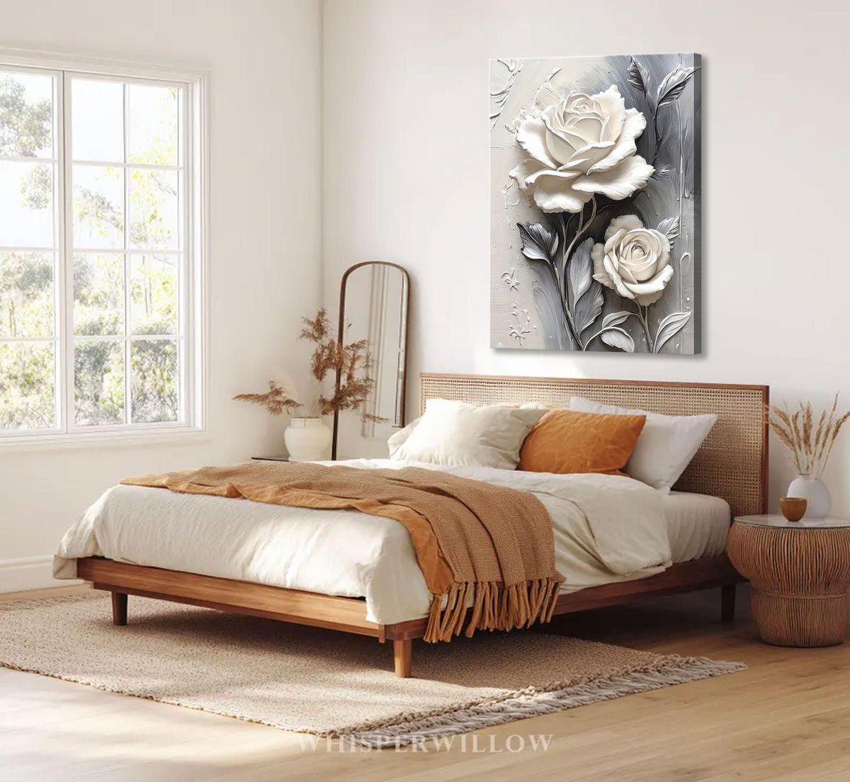 Elegant White Rose Canvas Wall art Modern Abstract Floral Wall Decor Picture White Blooming Flowers Poster Print Painting for Office Living Room Bedroom Bathroom Home Decorate Prepare To Hang