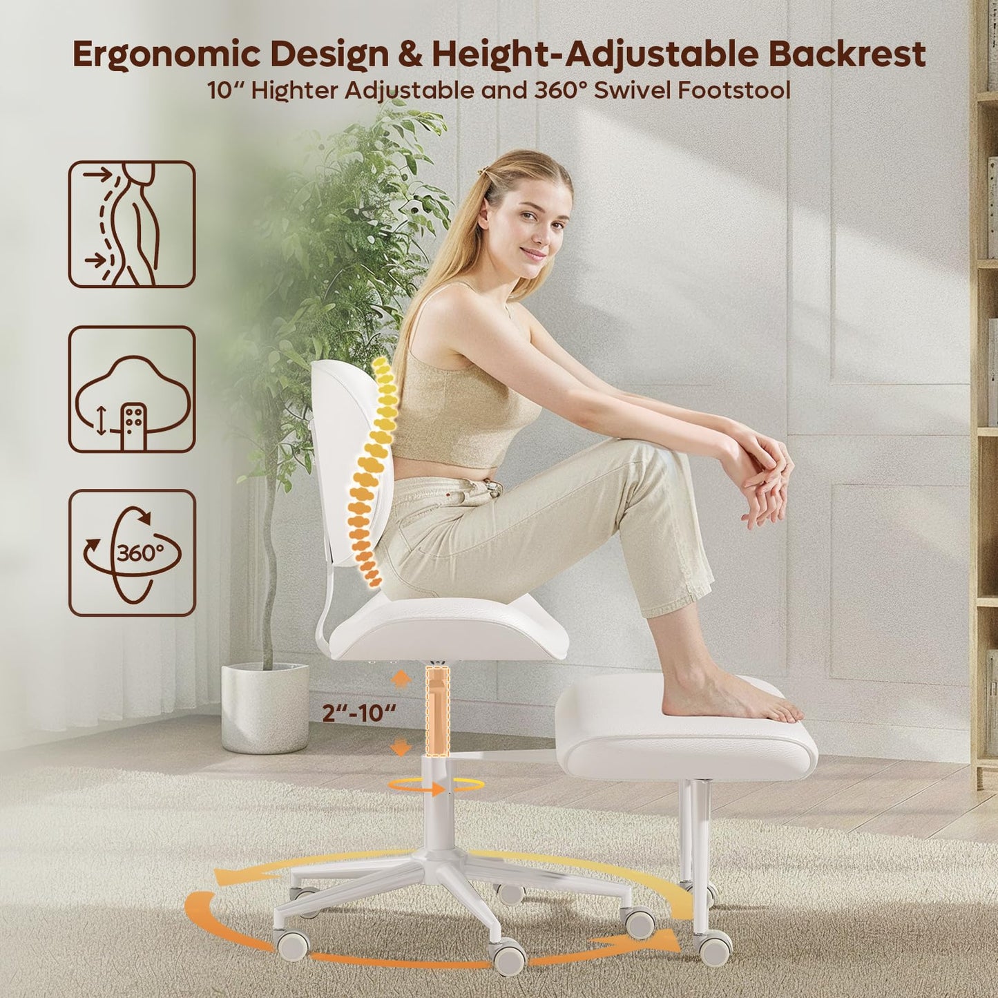 Cross Legged Office Chair with Wheels for ADHD, Ergonomic 360° Swivel Height-Adjustable Meditation Chair for Yoga, Wide Kneeling Chair with Strong Lumbar Support, PU Leather, Off White