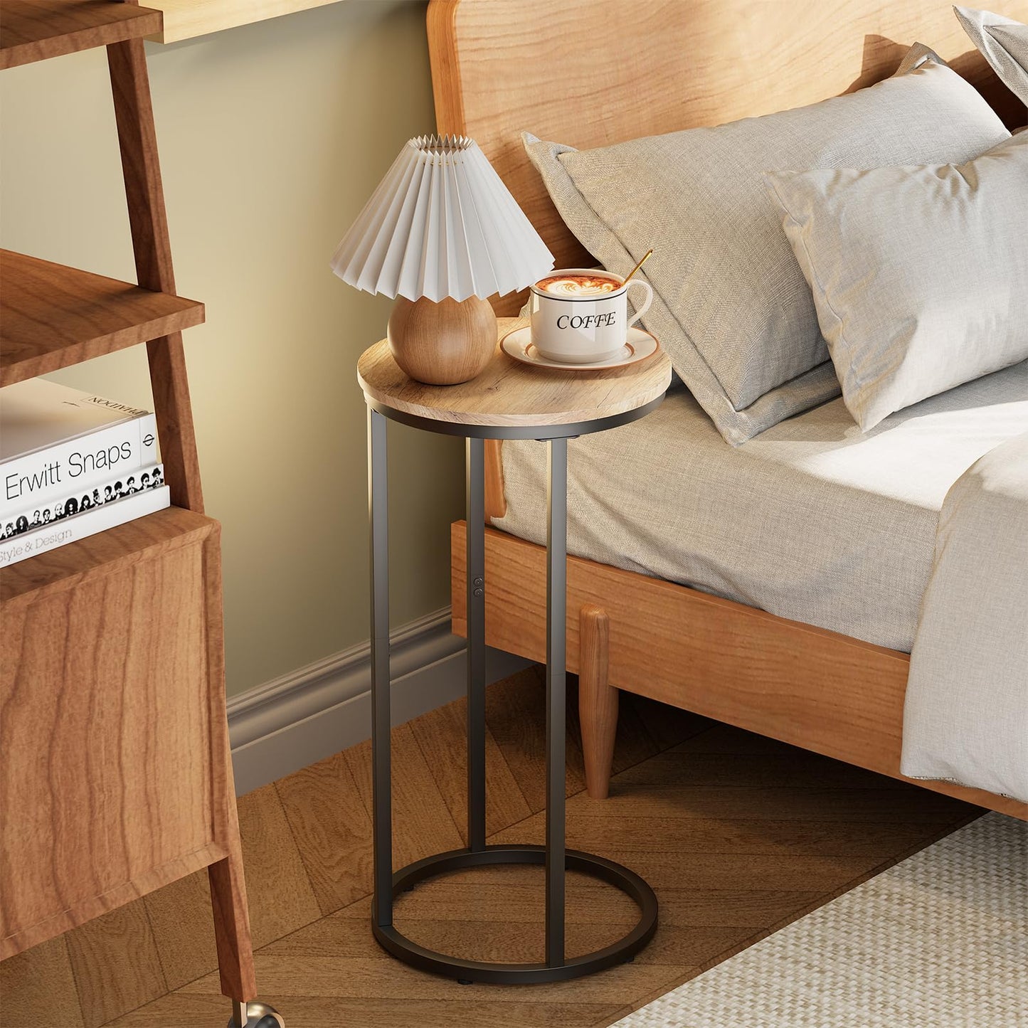 Katrawu C Shaped end Table, Round Side Table for Couch, Small Snack Sofa Table with Metal Frame for TV Tray, Bedroom, Living Room, Bedside (Oak)