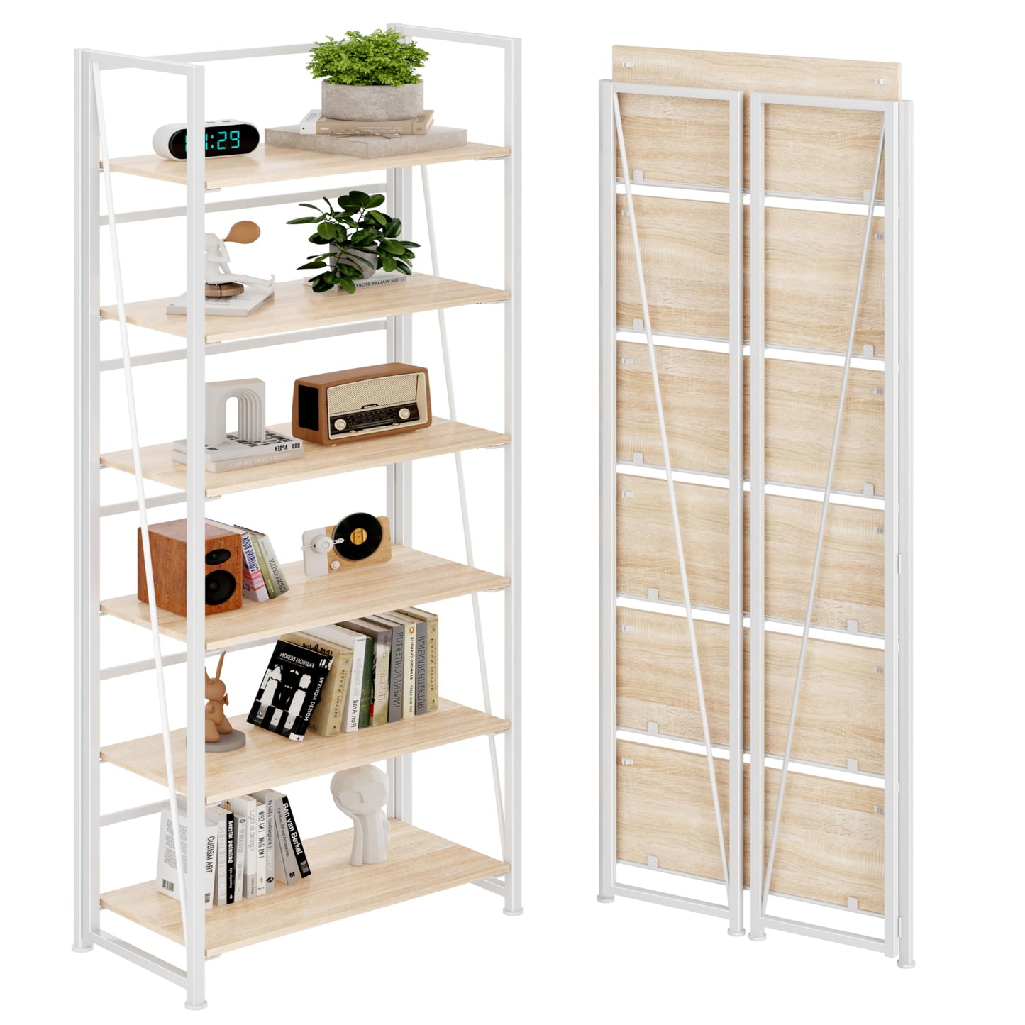 BHG Vintage Multifunctional Folding Bookshelf, No-Assembly Plant Stand Storage Rack Shelves for Home Office
