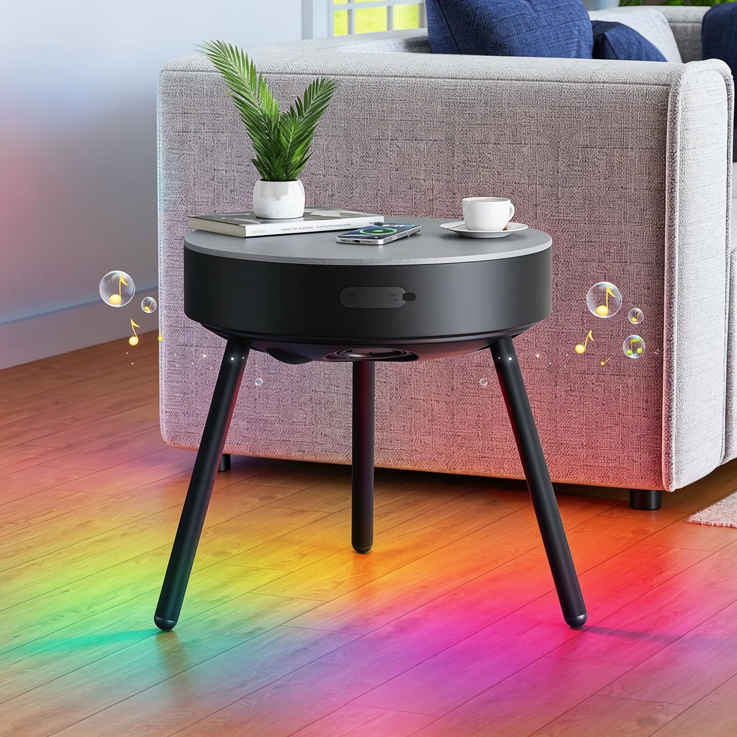 Smart Round Side Table with Charging and Smart Round Coffee Table - in Sound System, Modern Bedside Table for Nursery and Bedroom, Nightstands with Charging Station
