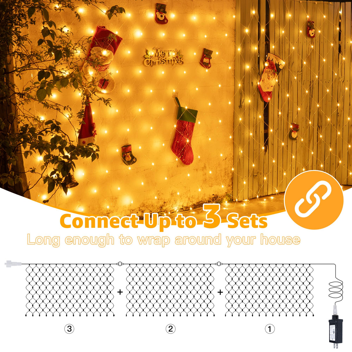 Ollny Net Lights Outdoor Mesh Light 10x7ft, 210LED Clear Wire Connectable Christmas Net Lights with 8 Modes, IP67 Waterproof Bush Light for Tree Wall Ceiling Outside Decorations, Warm White