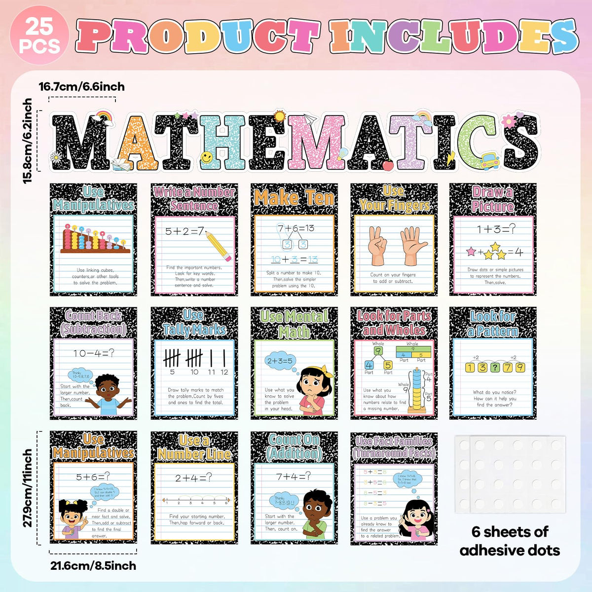 25Pcs Mathematics Strategy Posters Composition Notebook Classroom Decor Educational Math Posters Math Manipulatives Wall Art for Back to School Classroom Bulletin Board Decorations Teacher Supplies