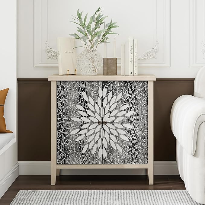 Black Accent Furniture, 32 Inch Wide 2-Door Carved Geometric Sideboard Buffet