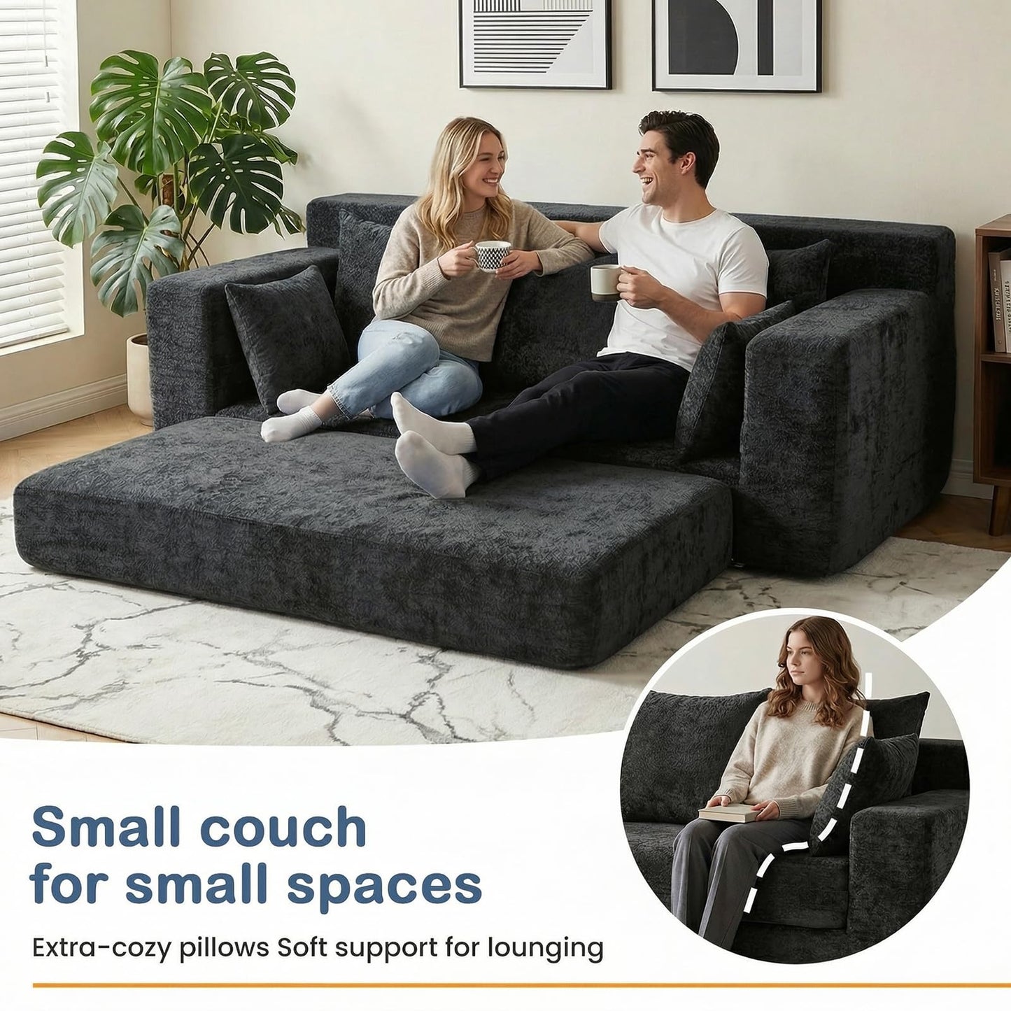 Winzoo Boneless Couches 70", 3 Seater Boneless Couch with Pull Out Sofa Bed, Black Boneless Couch with 5 Pillows, Plush Velvet Sofa for Living Room & Bedroom