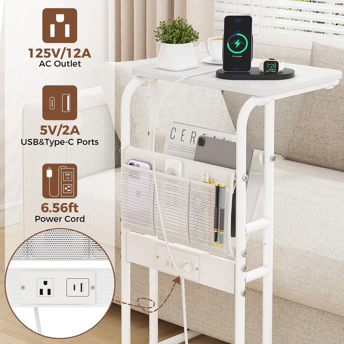 Olldide C-Shaped End Table with Charging Station and Storage Bag, Slide Under Couch Sofa Side Table, Metal Frame for Living Room, Bedroom, Small Space (White)