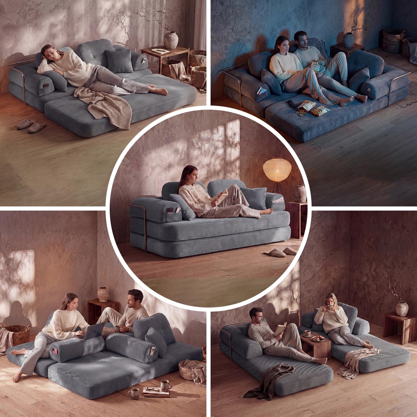 YasuSoofa Boneless Floor Sofa, 3-in-1 Convertible Loveseat Sleeper Futon, Modular Small Space Sofa Bed with High Headrests & Side Storage Pockets for Living Room, No Assembly, Bedroom, Apartment
